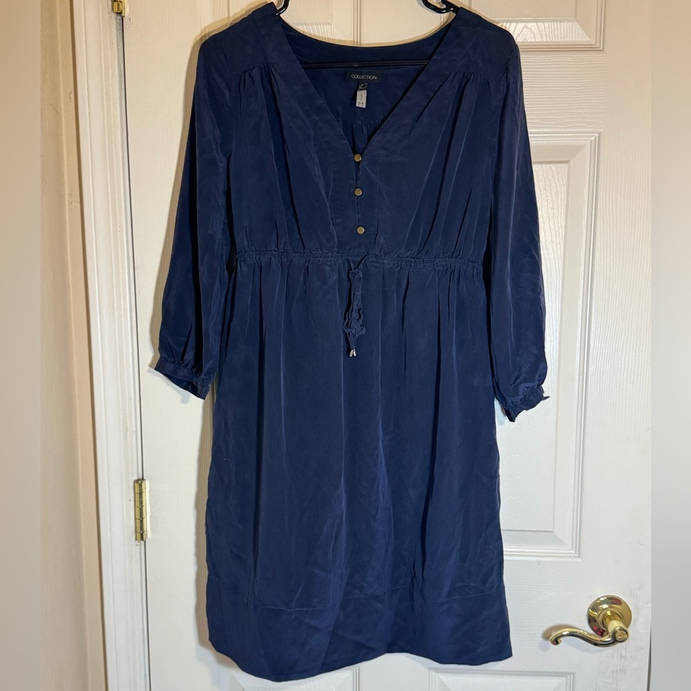 100% silk blue knee length peasant style maternity dress size M collection P